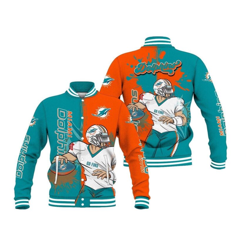Stellar Miami Dolphins Snap Button Varsity Jacket V2 For Immediate Sale