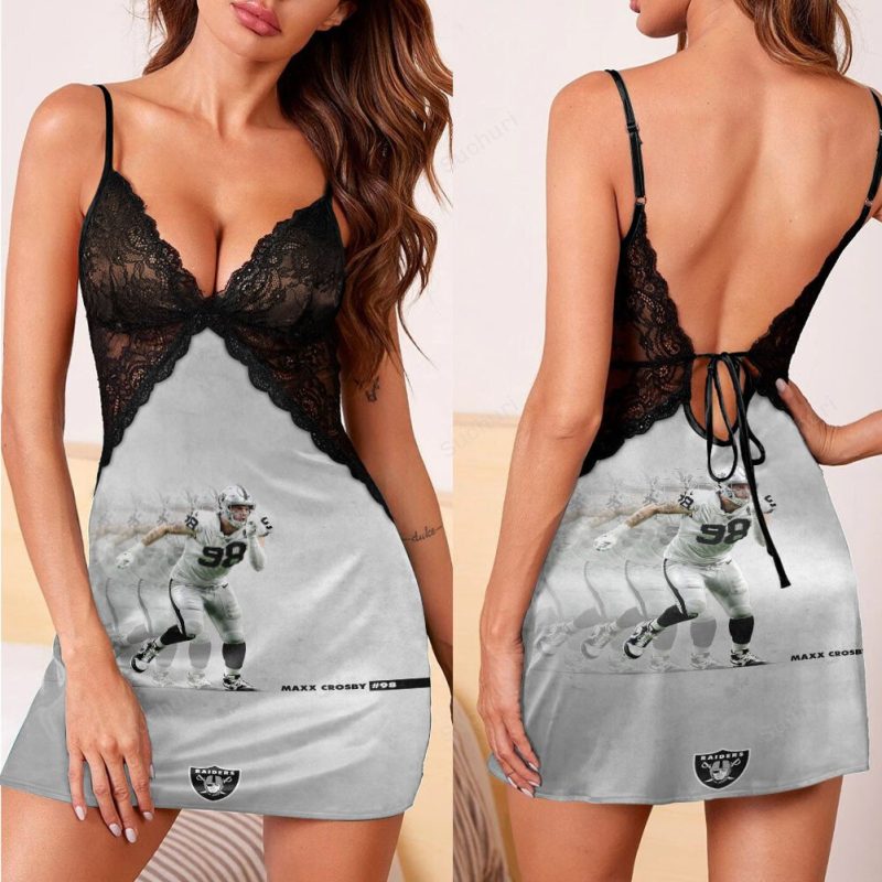Las Vegas Raiders Maxx Crosby 98 3d Back Straps Cami Dress With Lace