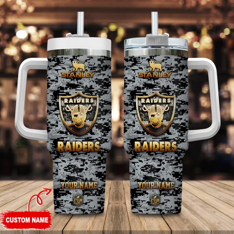Las Vegas Raiders NFL Camouflage Golden Logo Custom Stanley Cup 40 oz 30 oz Tumbler With Handle | StormMerch