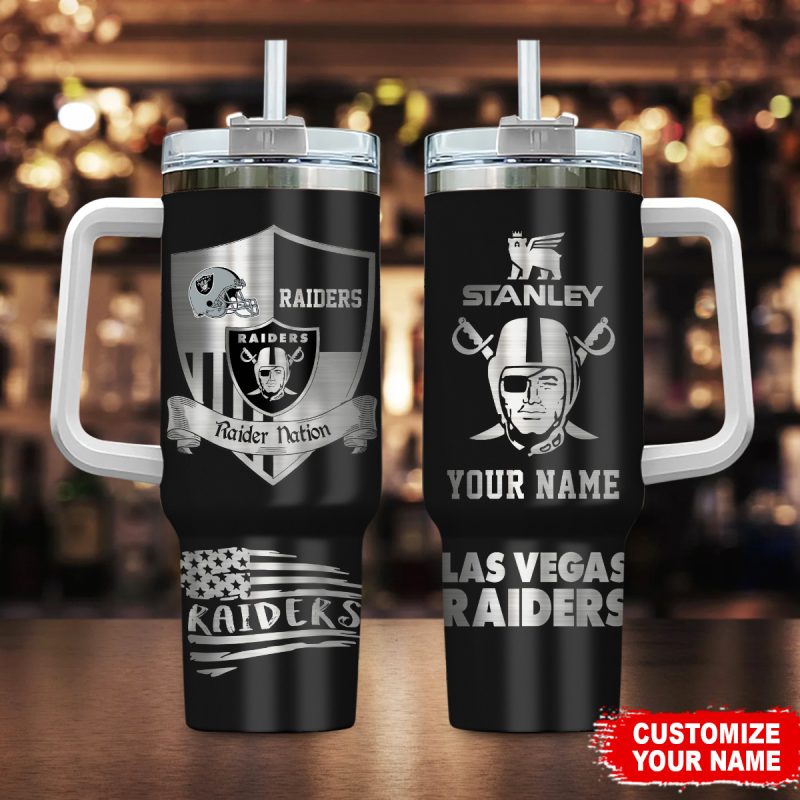 Las Vegas Raiders NFL Silver Logo Custom Stanley Cup 40 oz 30 oz Tumbler With Handle | StormMerch
