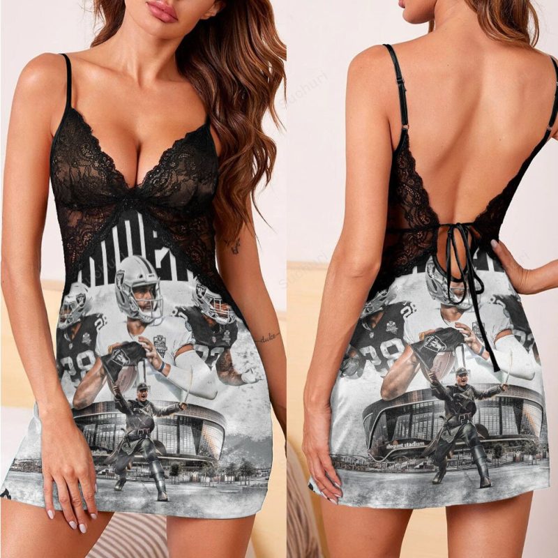 Las Vegas Raiders Players Art3 3d Back Straps Cami Dress With Lace