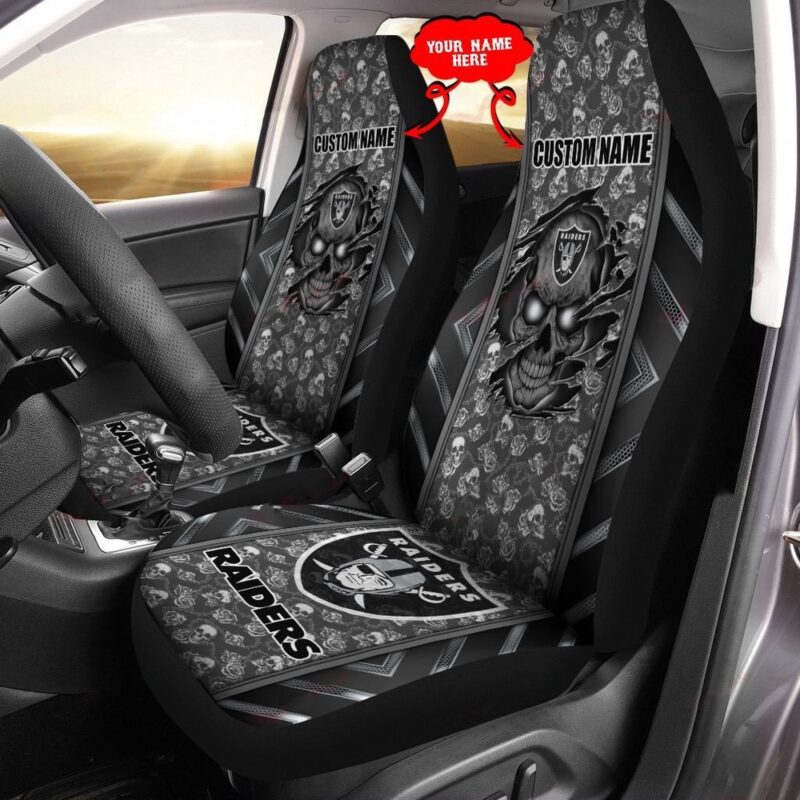 Custom Name NFL Las Vegas Raiders Skull Car Seat Covers - Siblinglove