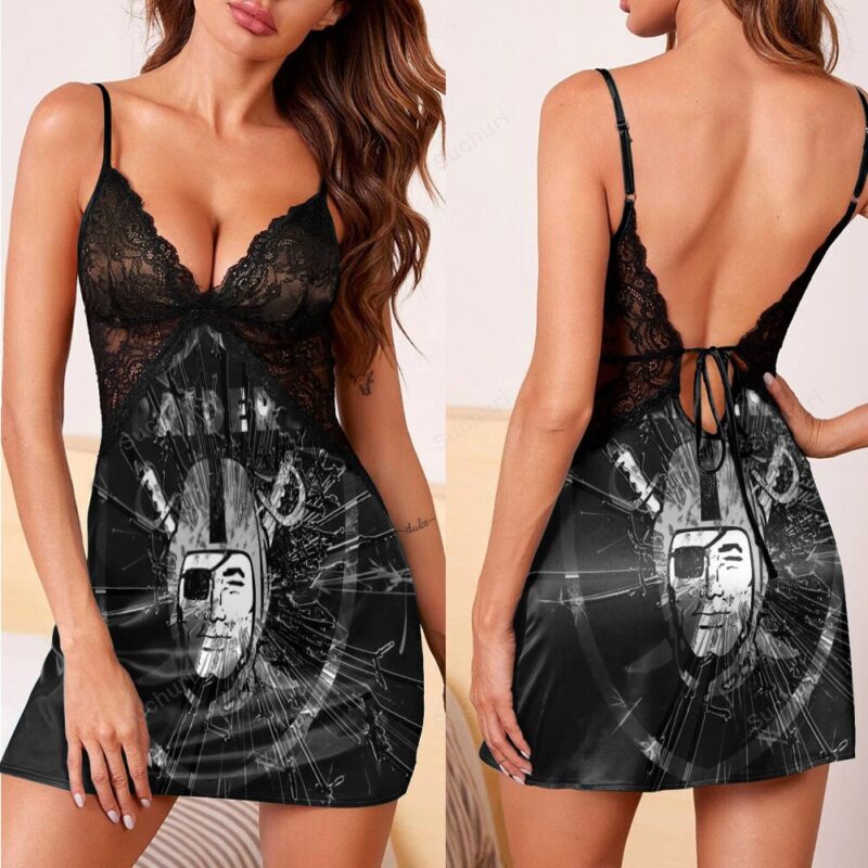 Las Vegas Raiders Logo Broken 3d Back Straps Cami Dress With Lace