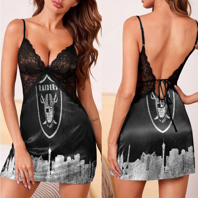 Las Vegas Raiders Logo City 3d Back Straps Cami Dress With Lace