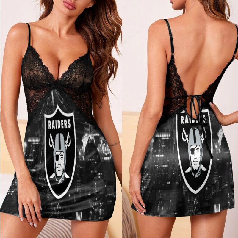 Las Vegas Raiders Logo City2 3d Back Straps Cami Dress With Lace