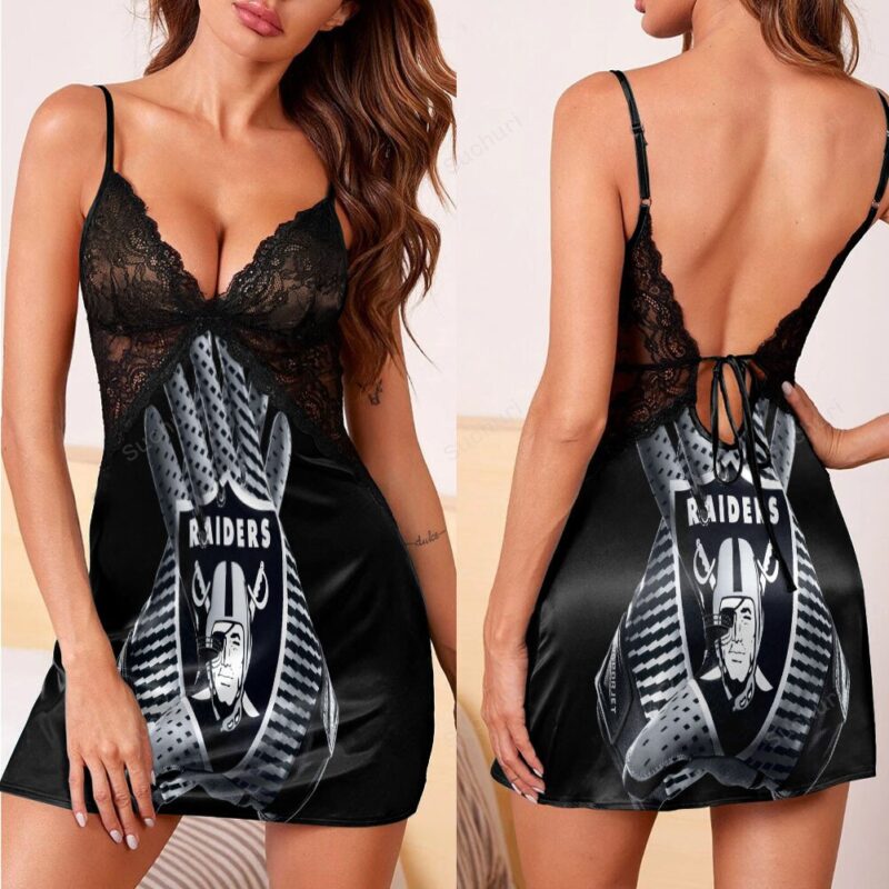 Las Vegas Raiders Logo Hand 3d Back Straps Cami Dress With Lace