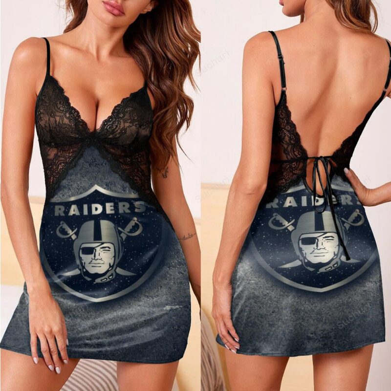 Las Vegas Raiders Logo On The Wall 3d Back Straps Cami Dress With Lace