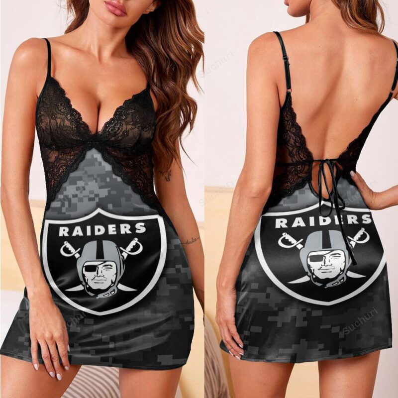 Las Vegas Raiders Logo Pattern Camo 3d Back Straps Cami Dress With Lac