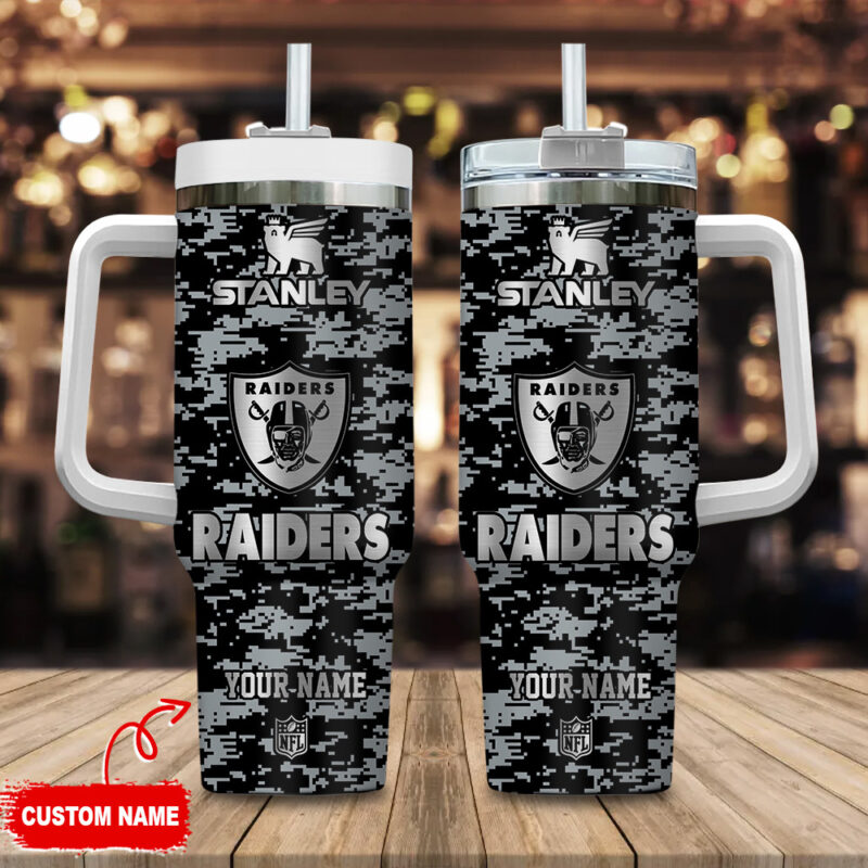 Las Vegas Raiders NFL Camouflage Silver Logo Custom Stanley Cup 40 oz 30 oz Tumbler With Handle | StormMerch