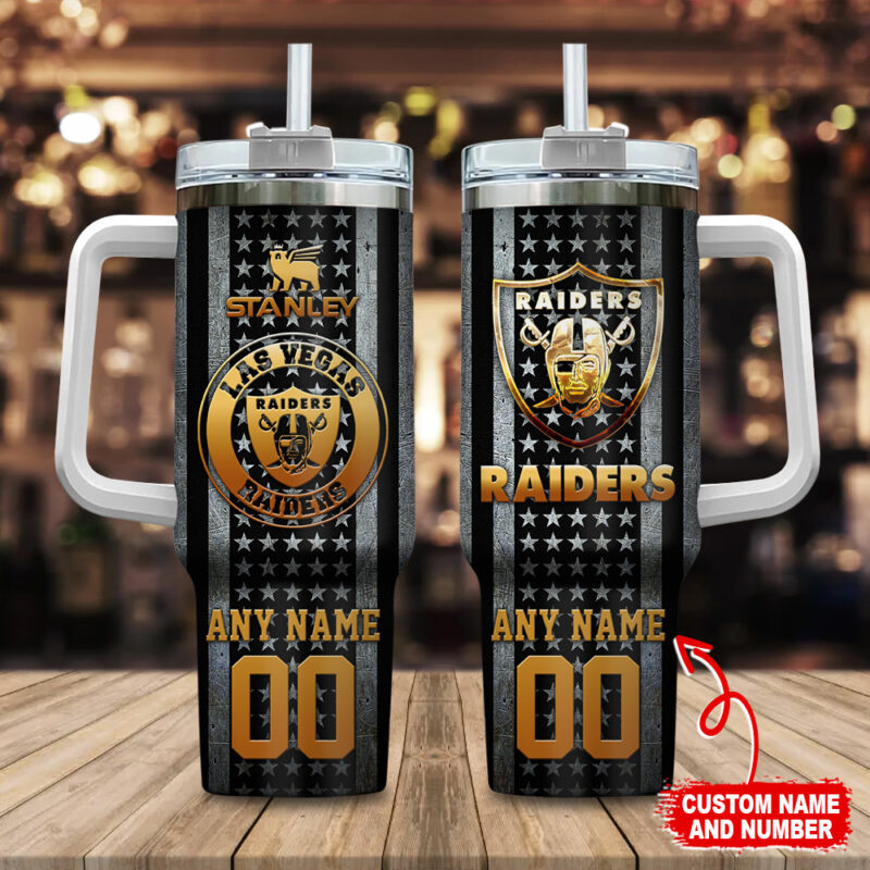 Las Vegas Raiders NFL Golden Logos US Flag Custom Stanley Cup 40 oz 30 oz Tumbler With Handle | StormMerch