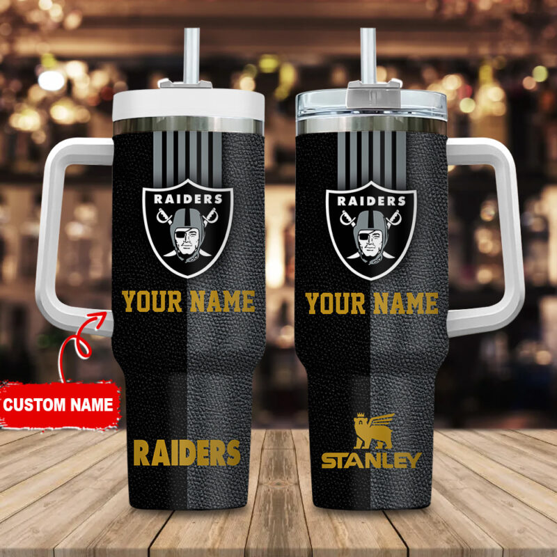 Las Vegas Raiders NFL Leather Effect Custom Stanley Cup 40 oz 30 oz Tumbler With Handle | StormMerch