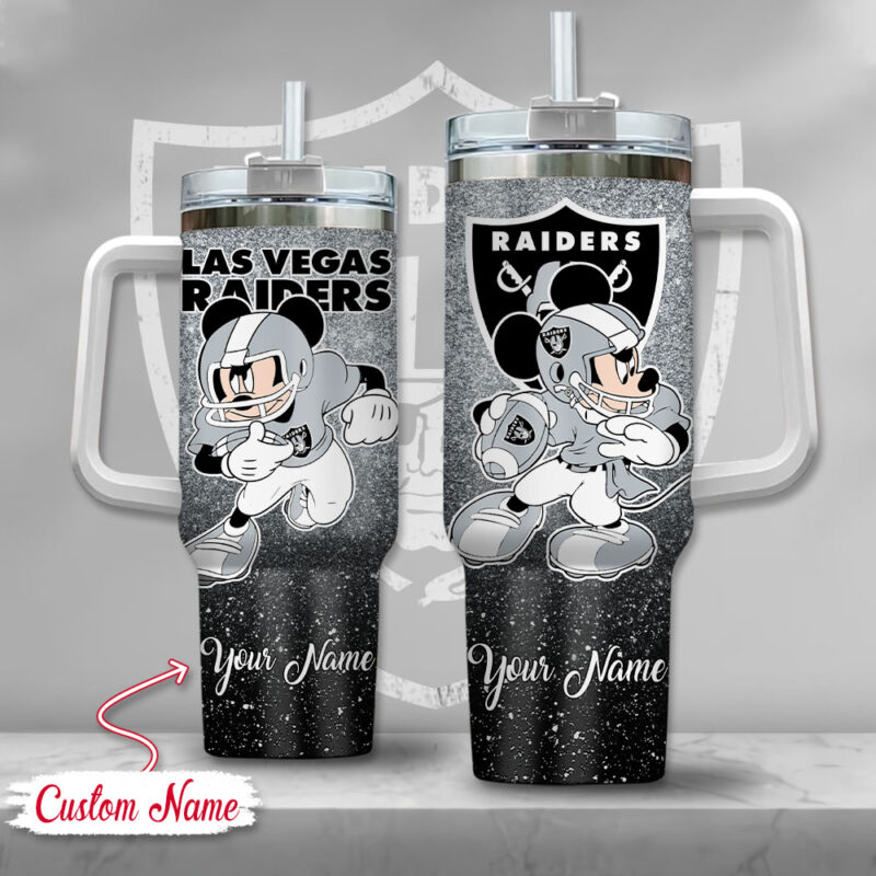 Las Vegas Raiders NFL Mickey Mouse Glitter Custom Stanley Cup 40 oz 30 oz Tumbler With Handle | StormMerch