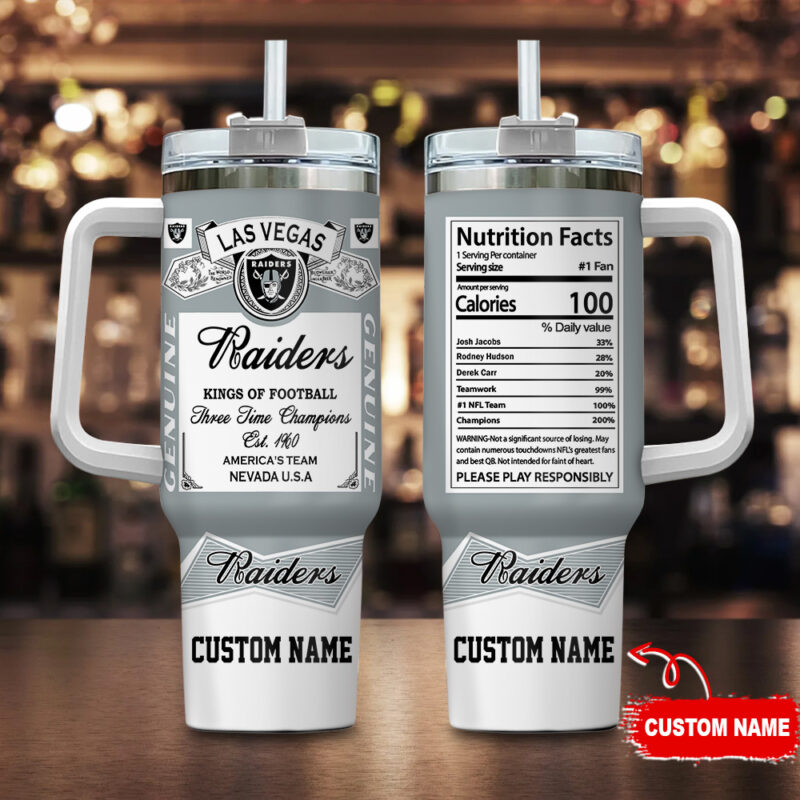 Las Vegas Raiders NFL Nutrition Facts Custom Stanley Cup 40 oz 30 oz Tumbler With Handle | StormMerch