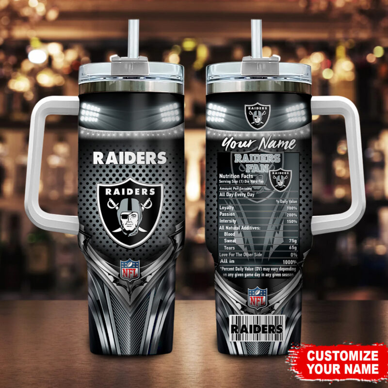 Las Vegas Raiders NFL Nutrition Facts Custom Stanley Cup 40 oz 30 oz Tumbler With Handle | StormMerch