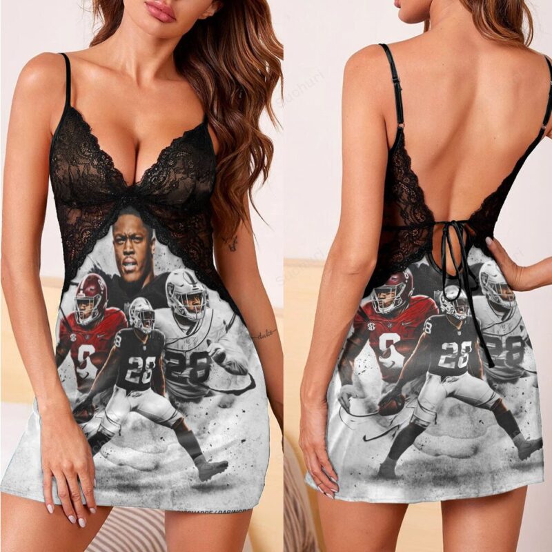 Las Vegas Raiders Players Art 3d Back Straps Cami Dress With Lace