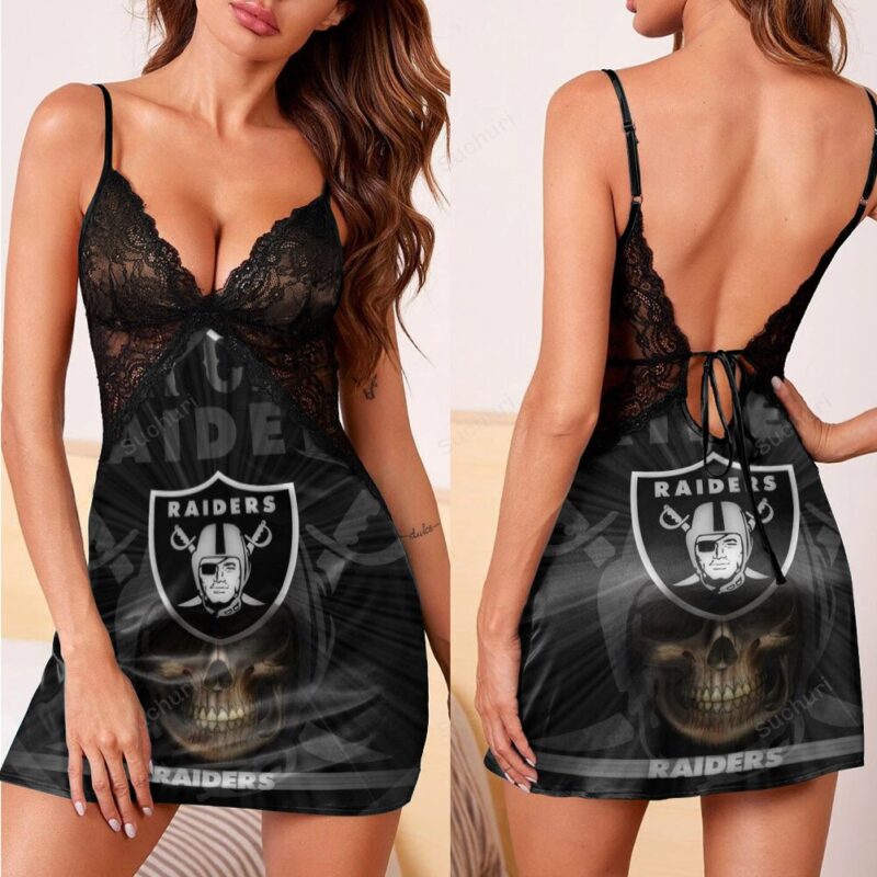 Las Vegas Raiders Sin City Skull 3d Back Straps Cami Dress With Lace