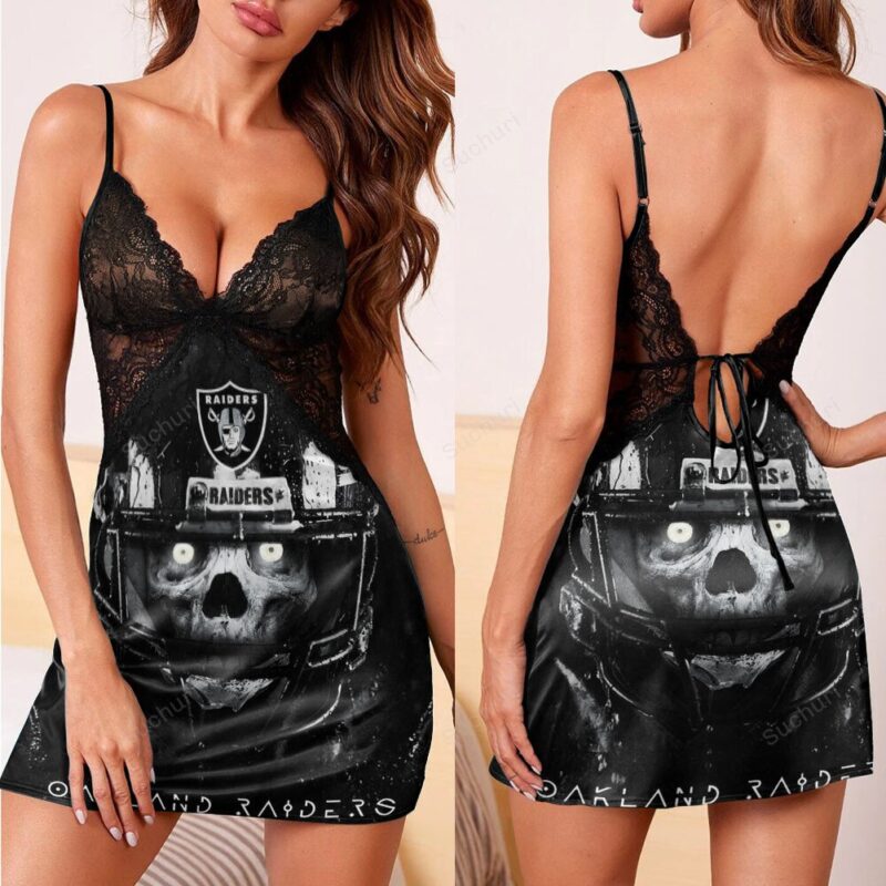 Las Vegas Raiders Skull Player 3d Back Straps Cami Dress With Lace