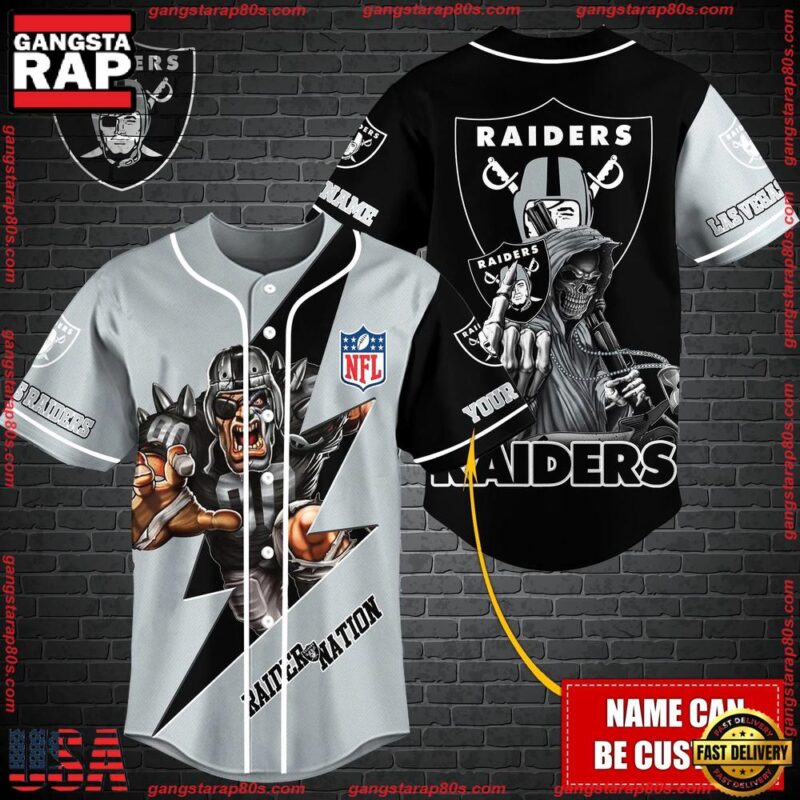 NFL Custom Name Las Vegas Raiders Mascot And Skull New Design Baseball Jersey - Gangstarap80S
