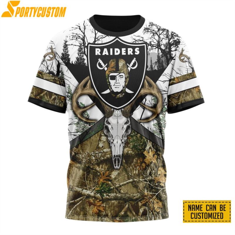 NFL Las Vegas Raiders 3D T Shirt All Over Print Deer Skull And Forest Pattern Custom Name And Number Shirts