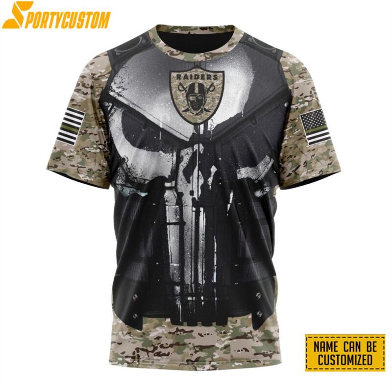 NFL Las Vegas Raiders 3D T Shirt All Over Print Punisher Skull Camo Veteran Kits Custom Name And Number Shirts