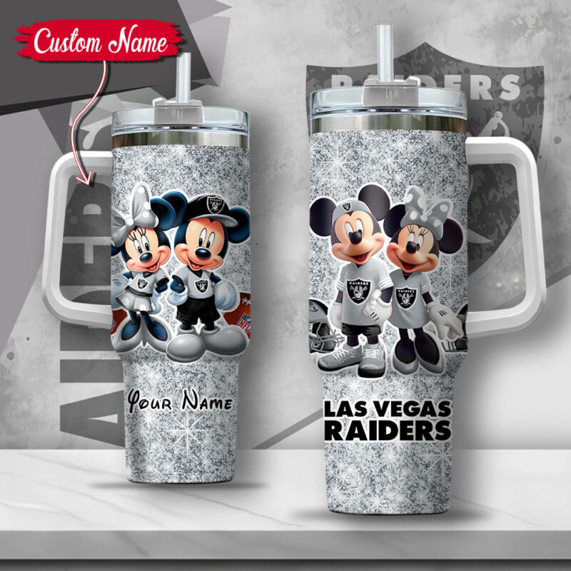 NFL Las Vegas Raiders Mickey And Minnie Couple Custom Stanley Cup 40 oz 30 oz Tumbler With Handle | StormMerch