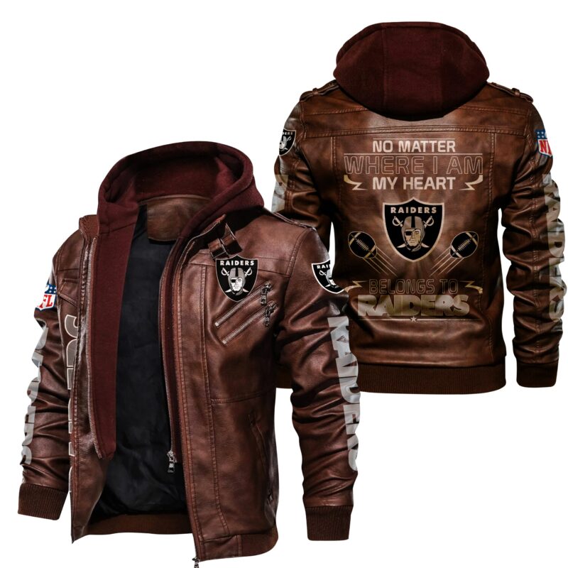 NFL Oakland Raiders Leather Jacket No Matter Where I Am My Heart Brown - Raidersfanworld.com
