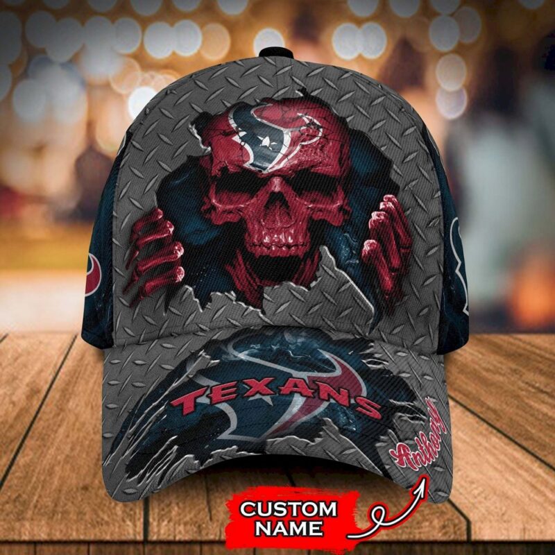 Custom Name Houston Texans NFL Skull Hand Baseball Cap - Siblinglove