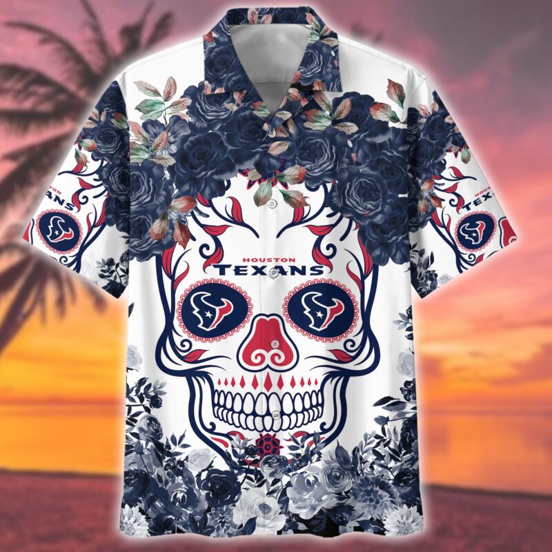 Sportswearmerch Houston Texans NFL Flower Skull Hawaiian shirt - Sportswearmerch
