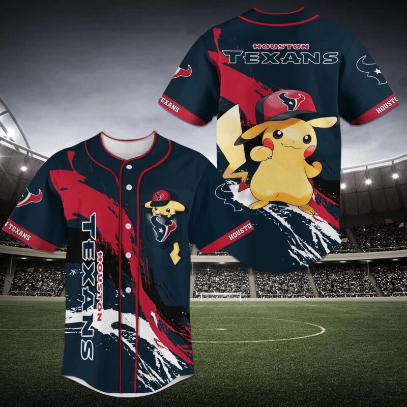 Houston Texans NFL Baseball Jersey Shirt with Pikachu Print - Bluefink