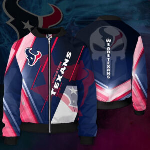 NFL Houston Texans Red Blue Punisher Skull Bomber Jacket - Bluefink