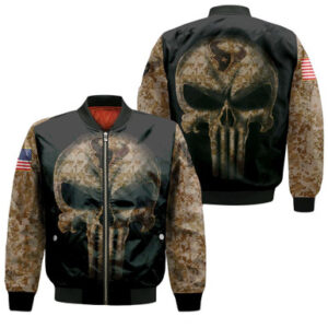 Camouflage Skull Houston Texans American Flag Bomber Jacket - Bluefink