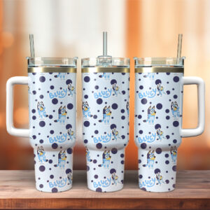 Bluey Cartoon Custom Stanley Quencher 40oz Stainless Steel Tumbler With Handle - Threewoofs