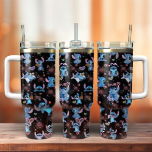 Stitch Cartoon Custom Stanley Quencher 40oz Stainless Steel Tumbler With Handle - Threewoofs