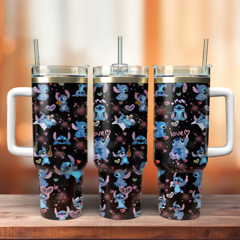 Stitch Cartoon Custom Stanley Quencher 40oz Stainless Steel Tumbler With Handle - Threewoofs