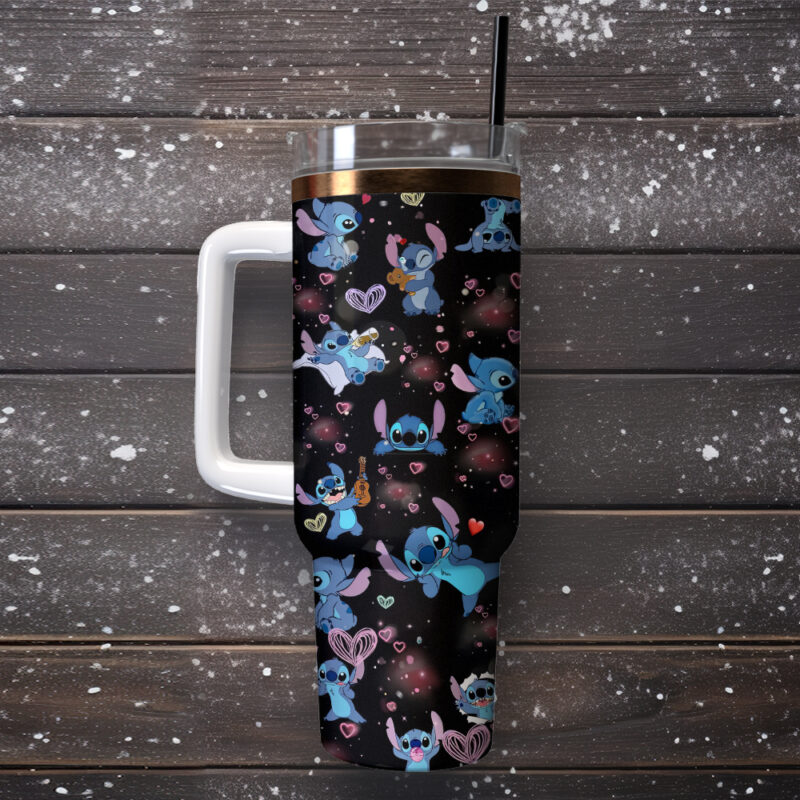 Stitch Cartoon Custom Stanley Quencher 40oz Stainless Steel Tumbler With Handle - Threewoofs - Image 3