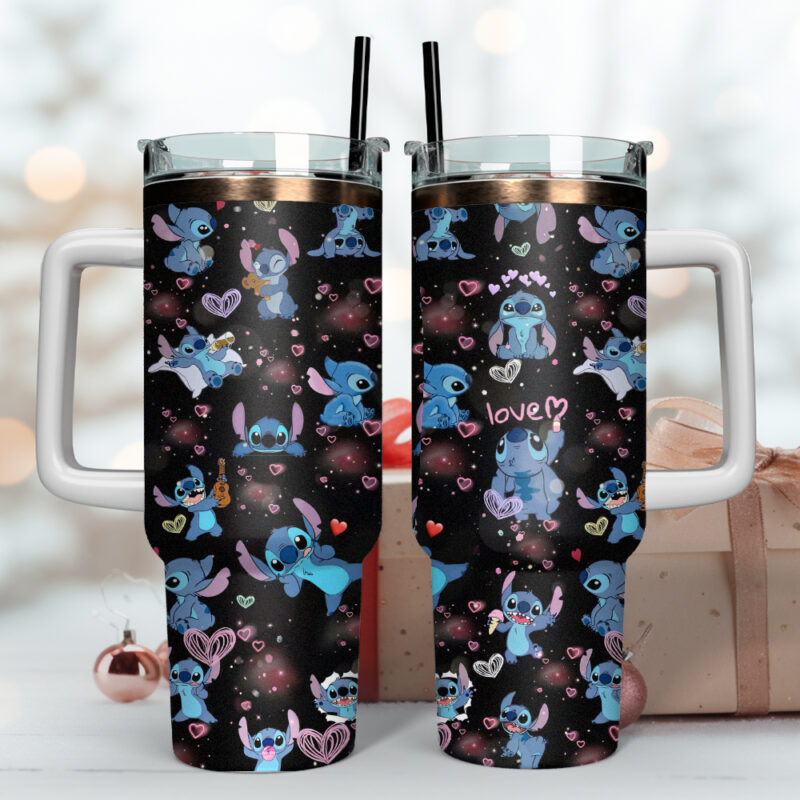 Stitch Cartoon Custom Stanley Quencher 40oz Stainless Steel Tumbler With Handle - Threewoofs - Image 4