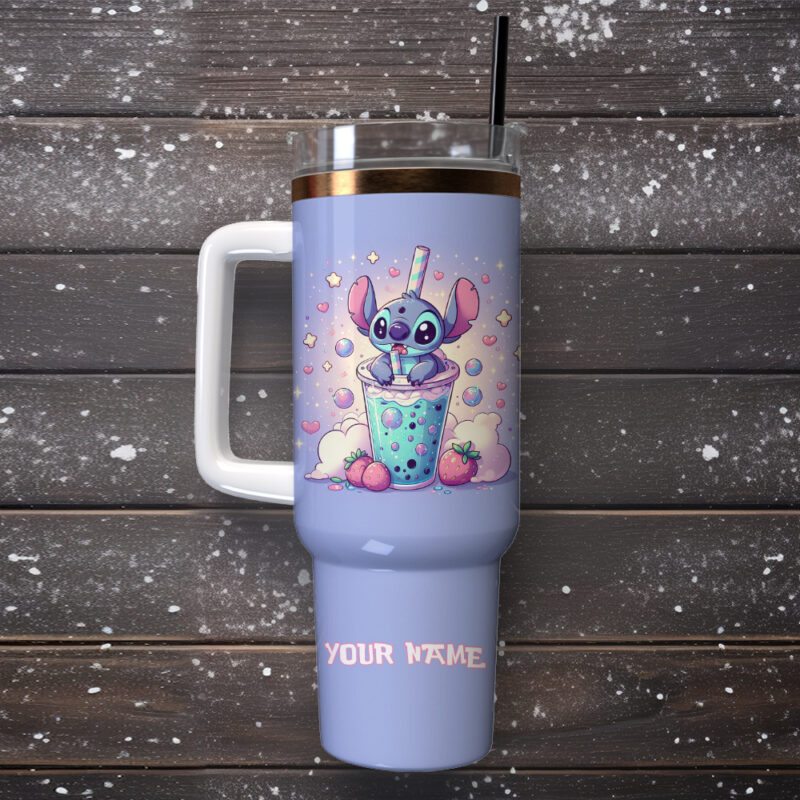 Stitch Cartoon Custom Stanley Quencher 40oz Stainless Steel Tumbler With Handle - Threewoofs - Image 3