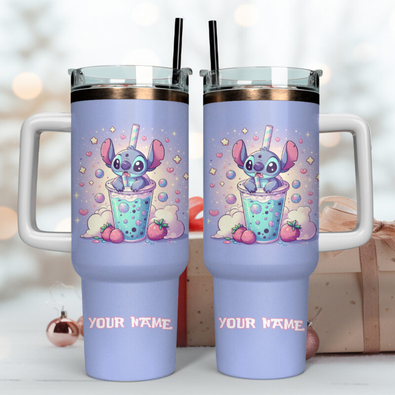 Stitch Cartoon Custom Stanley Quencher 40oz Stainless Steel Tumbler With Handle - Threewoofs - Image 4