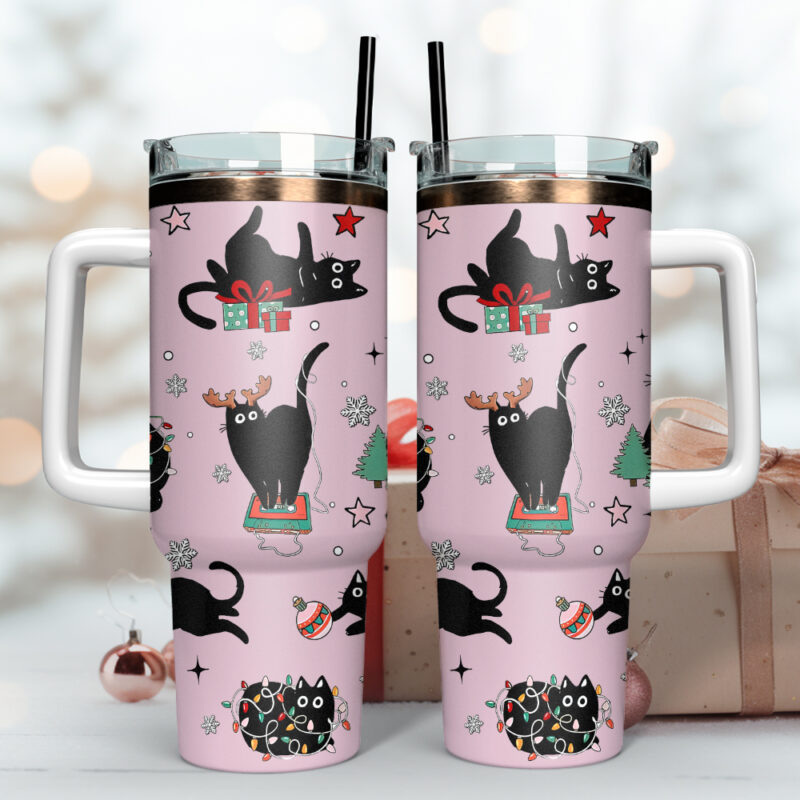 Black Cat Christmas Custom Stanley Quencher 40oz Stainless Steel Tumbler - Threewoofs - Image 3