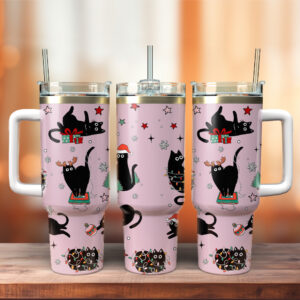 Black Cat Christmas Custom Stanley Quencher 40oz Stainless Steel Tumbler - Threewoofs