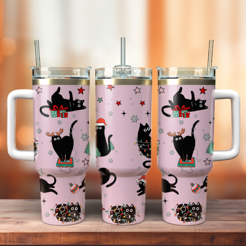 Black Cat Christmas Custom Stanley Quencher 40oz Stainless Steel Tumbler - Threewoofs