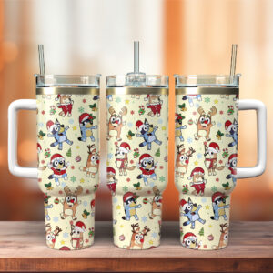 Bluey Cartoon Christmas Custom Stanley Quencher 40oz Stainless Steel Tumbler With Handle - Threewoofs