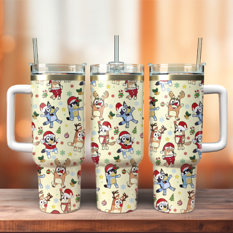 Bluey Cartoon Christmas Custom Stanley Quencher 40oz Stainless Steel Tumbler With Handle - Threewoofs