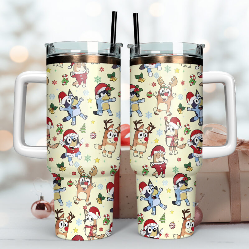 Bluey Cartoon Christmas Custom Stanley Quencher 40oz Stainless Steel Tumbler With Handle - Threewoofs - Image 2