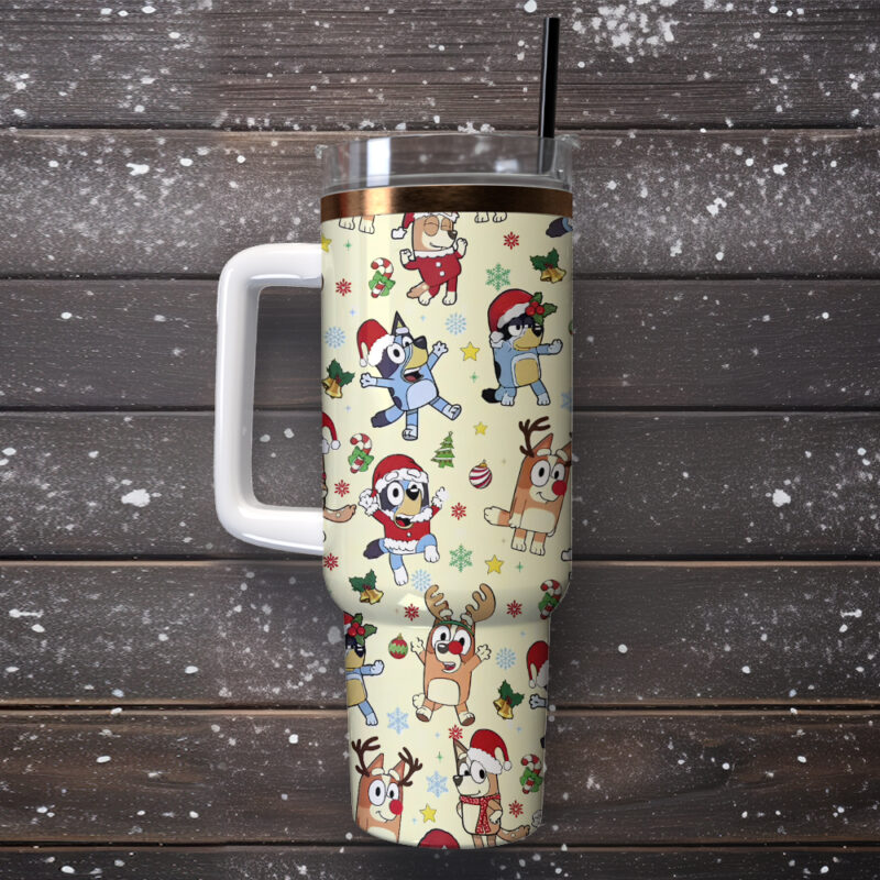 Bluey Cartoon Christmas Custom Stanley Quencher 40oz Stainless Steel Tumbler With Handle - Threewoofs - Image 3