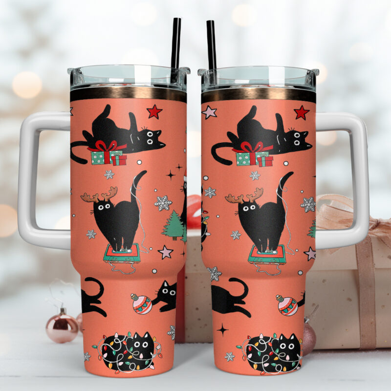 Black Cat Christmas Custom Stanley Quencher 40oz Stainless Steel Tumbler - Threewoofs - Image 3