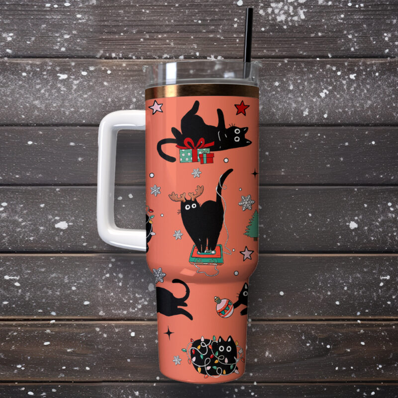 Black Cat Christmas Custom Stanley Quencher 40oz Stainless Steel Tumbler - Threewoofs - Image 4