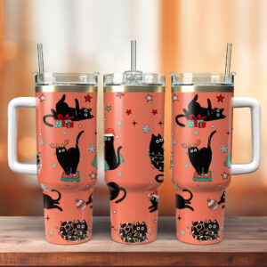 Black Cat Christmas Custom Stanley Quencher 40oz Stainless Steel Tumbler - Threewoofs