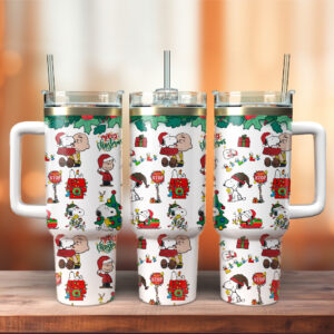 Snoopy and Charlie Brown Peanuts Cartoon Christmas Custom Stanley Quencher 40oz Stainless Steel Tumbler With Handle - Threewoofs