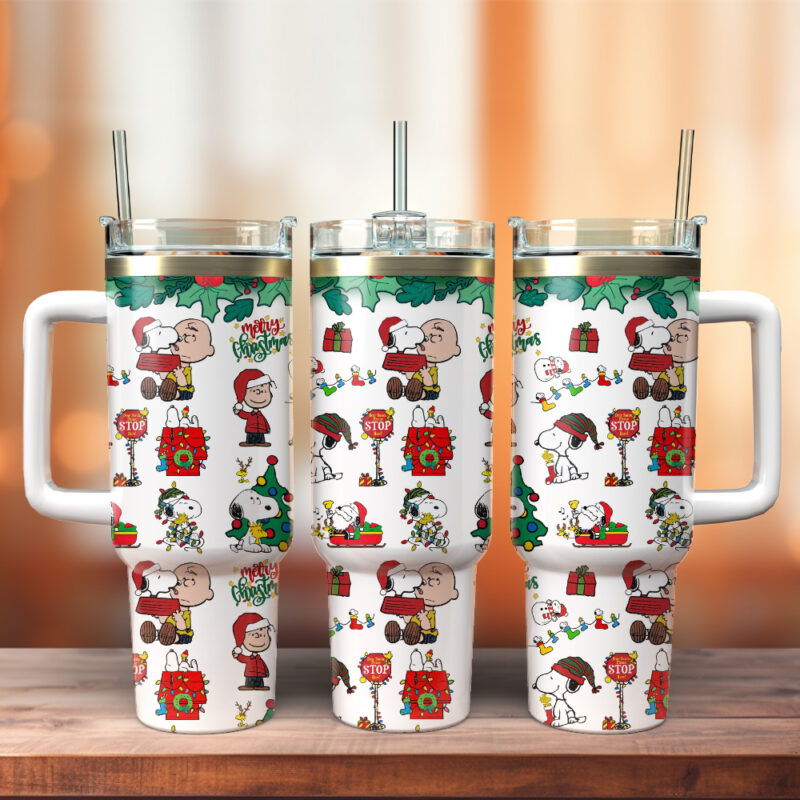 Snoopy and Charlie Brown Peanuts Cartoon Christmas Custom Stanley Quencher 40oz Stainless Steel Tumbler With Handle - Threewoofs